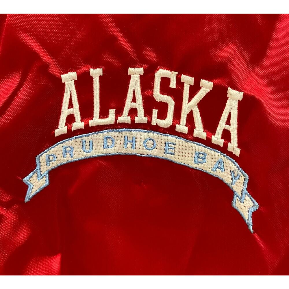 Red Satin Bomber Jacket Medium Prudhoe Bay Alaska Made in USA DELONG 1980s - Picture 3 of 6